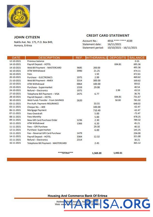 Realistic Eritrea Housing and Commerce bank statement word version 2 real example